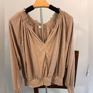 Gentle Fawn Blush Blouse with Ruffled Neckline